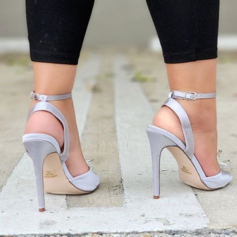 Women's Silver Satin Stiletto Ankle Strap Heels Flower Detail Elegant Style - Picture 3 of 4